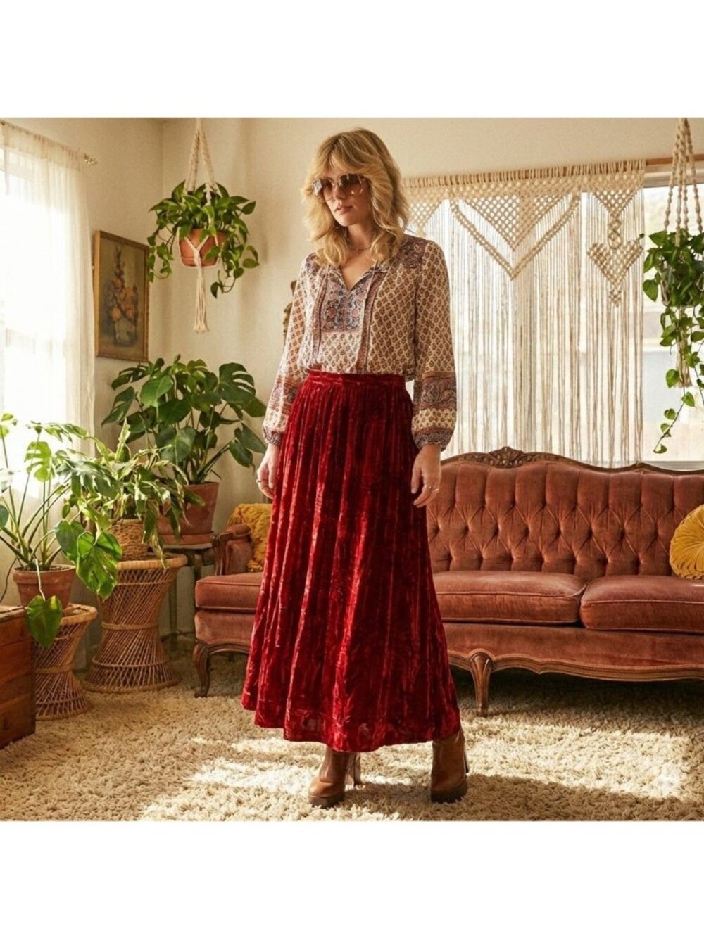 Vintage 70s Joy Stevens Red Velvet Maxi Skirt Crushed Boho Whimsigoth Disco M